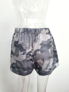 Detail view of grey camouflage casual shorts with elastic waistband and back pockets