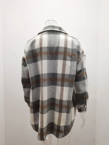 Rear view of long sleeve plaid shacket with thick wool blend fabric and turn-down collar