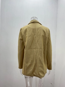 Detail view of khaki long-sleeve blazer back showing professional slim-fit vertical seams
