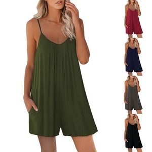 Detailed grid showing five colors of casual V-neck rompers with spaghetti straps and pockets