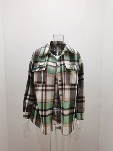 Detail of plaid shacket showing textured wool blend fabric and dual chest pockets