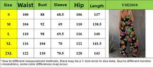 Detailed size chart for women's floral summer jumpsuit with measurements from S to 2XL