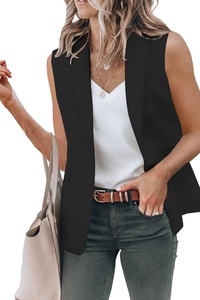 Detail of a black sleeveless blazer vest with notch lapels and decorative side pockets