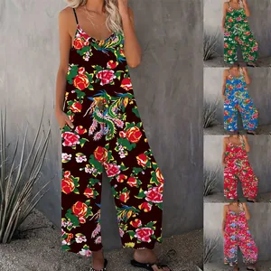 Close-up detail of floral and dragon print patterns on women's loose summer jumpsuits