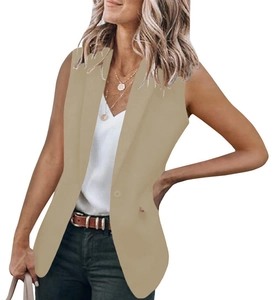 Detail of khaki sleeveless vest blazer showing notch lapel and single button closure