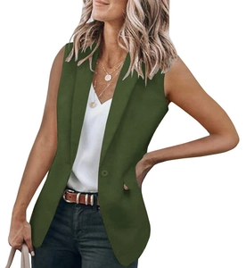 Detail view of olive green sleeveless blazer vest with classic notched lapels and single button