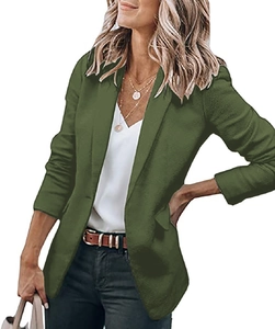 Detailed view of women's army green blazer featuring a classic notch lapel and slim-fit cut