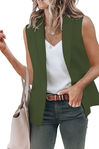 Full view of army green sleeveless suit vest with classic lapels for casual workwear