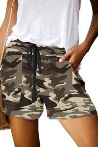 Detail of high waist camo shorts with adjustable drawstring and practical side pockets