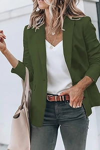 Detail of olive green blazer lapels and single-breasted buttons on a casual suit