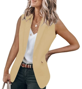 Detail of khaki sleeveless blazer vest with lapel collar and slim fit professional design