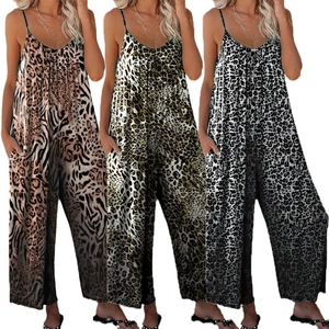 Three leopard print jumpsuits with spaghetti straps and wide-leg design in varied colors