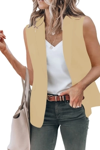 Detail view of khaki sleeveless blazer vest with classic lapels and longline tailoring