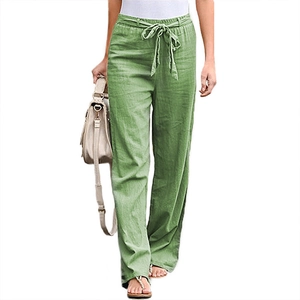 Women's sage green linen wide leg pants with drawstring elastic waist for summer