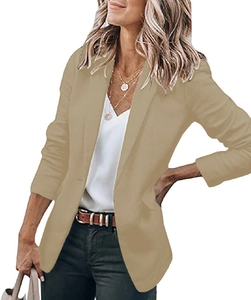 Detailed view of the tailored waist and fabric texture of the khaki notched lapel blazer