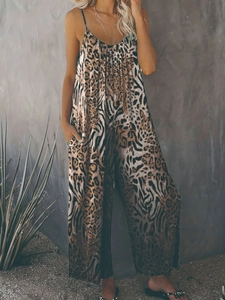 Women's leopard print spaghetti strap wide leg jumpsuit with side pockets and V-neckline