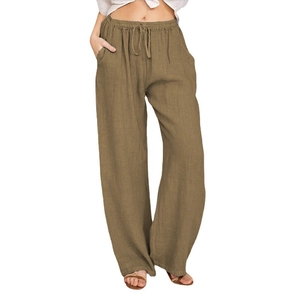 Detail view of cotton linen wide leg trousers with elastic drawstring waist in dark coffee
