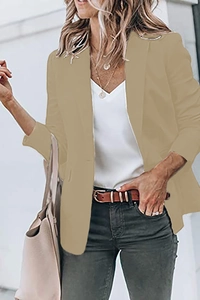 Close-up of khaki women blazer with notched lapel and single-breasted button detail