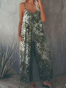 Women's leopard print wide-leg jumpsuit with spaghetti straps and side pockets