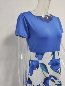 Détail du corsage bleu roi à manches courtes et jupe à imprimé floral bleu vintage