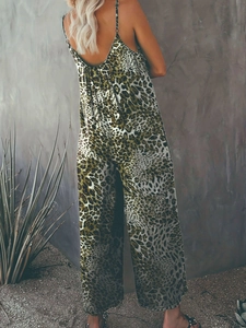 Detailed back view of leopard print sleeveless jumpsuit with open back and wide leg design
