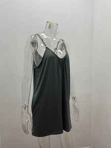 Detail view of charcoal grey V-neck camisole dress with delicate pleated neckline