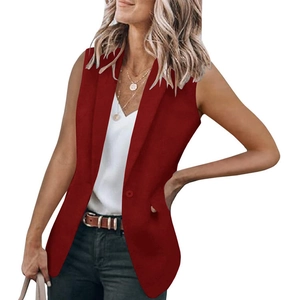 Women sleeveless burgundy blazer vest with notch lapel and single button in a casual fit