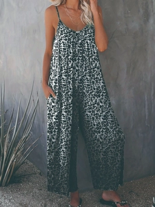 Summer leopard print wide leg jumpsuit with V-neck straps and side pockets for women