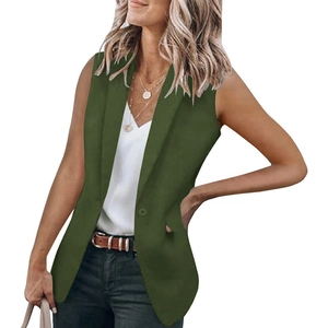 Olive green sleeveless suit vest for women with classic lapel collar and single button closure