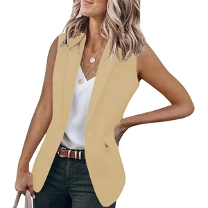 Women's chic khaki sleeveless blazer vest with classic lapel and single button closure