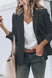 Close-up of black notched lapel blazer with single-button closure for city style