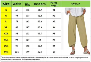Detailed size chart for women's wide leg cotton linen trousers ranging from S to 5XL