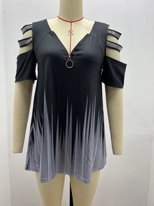 Close-up of V-neck zipper detail and cold shoulder straps with rhinestones on grey ombre top