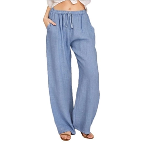 Women's light blue wide-leg cotton linen trousers with elastic drawstring high waist