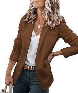 Detail of a brown single-breasted blazer with notched lapels and fine fabric texture