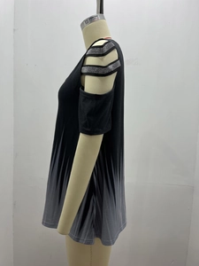 Detail of cold shoulder design with sparkly rhinestone straps on gradient grey V-neck top