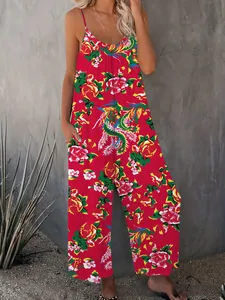 Detail of vibrant red floral phoenix print jumpsuits with spaghetti straps and v-neck