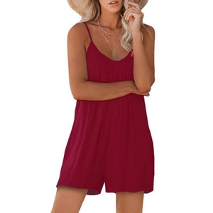 Detail of burgundy V-neck summer romper with thin straps and ruffled neckline texture