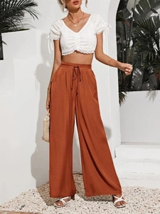 Pantaloni a gamba larga a vita alta arancione ruggine con coulisse elastica estivi
