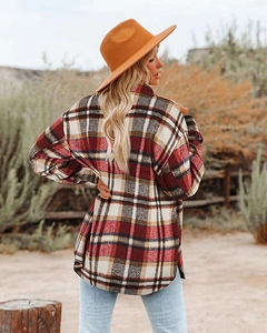 Oversized red and black plaid jacket with curved hem and slit back view for women