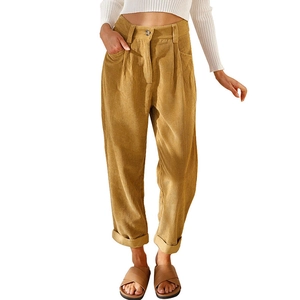 Damen Cordhose mit hoher Taille in Senfgelb, weitem Bein und festem Beinumschlag