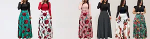Dettaglio dell'abito lungo color-block a vita alta con stampe floreali a rose