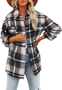 Detail of soft brushed fabric texture and chest pockets on long sleeve plaid jacket