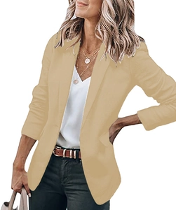 Close-up of the beige business blazer with classic notched lapels and flap pocket detail