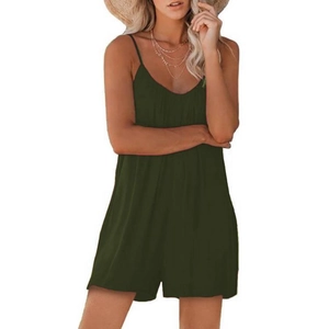 Detailed view of olive green V-neck romper with thin straps and delicate pleats