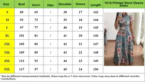 Größentabelle für Blumenkleid mit Maßen für Brust Taille und Länge von Größe S bis 5XL
