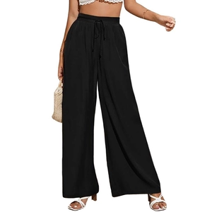 Pantaloni a gamba larga a vita alta da donna neri con coulisse elastica in vita