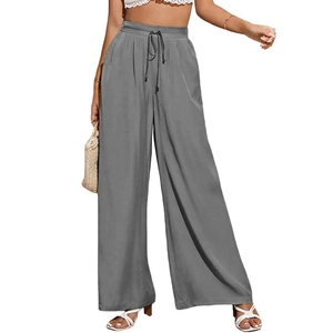 Pantaloni larghi grigi a vita alta da donna con coulisse elastica per abbigliamento estivo