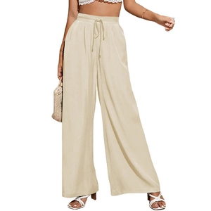 Pantaloni larghi beige a vita alta da donna con coulisse elastica stile estivo