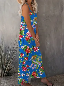 Detail of bohemian floral print and side slit on breezy summer sleeveless jumpsuit
